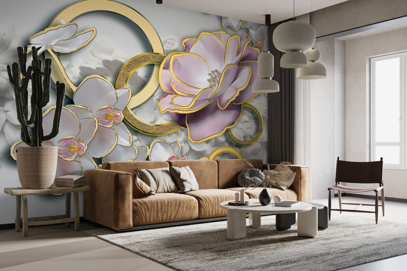 Papier peint des fleurs brillantes et dorées dans le ciel