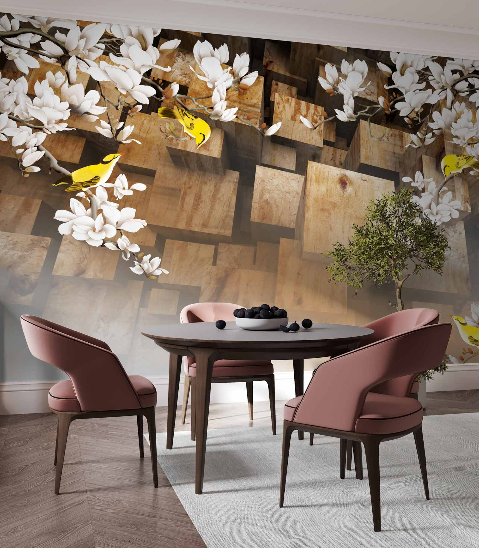 Papier peint cubes en bois flottants et fleurs blanches