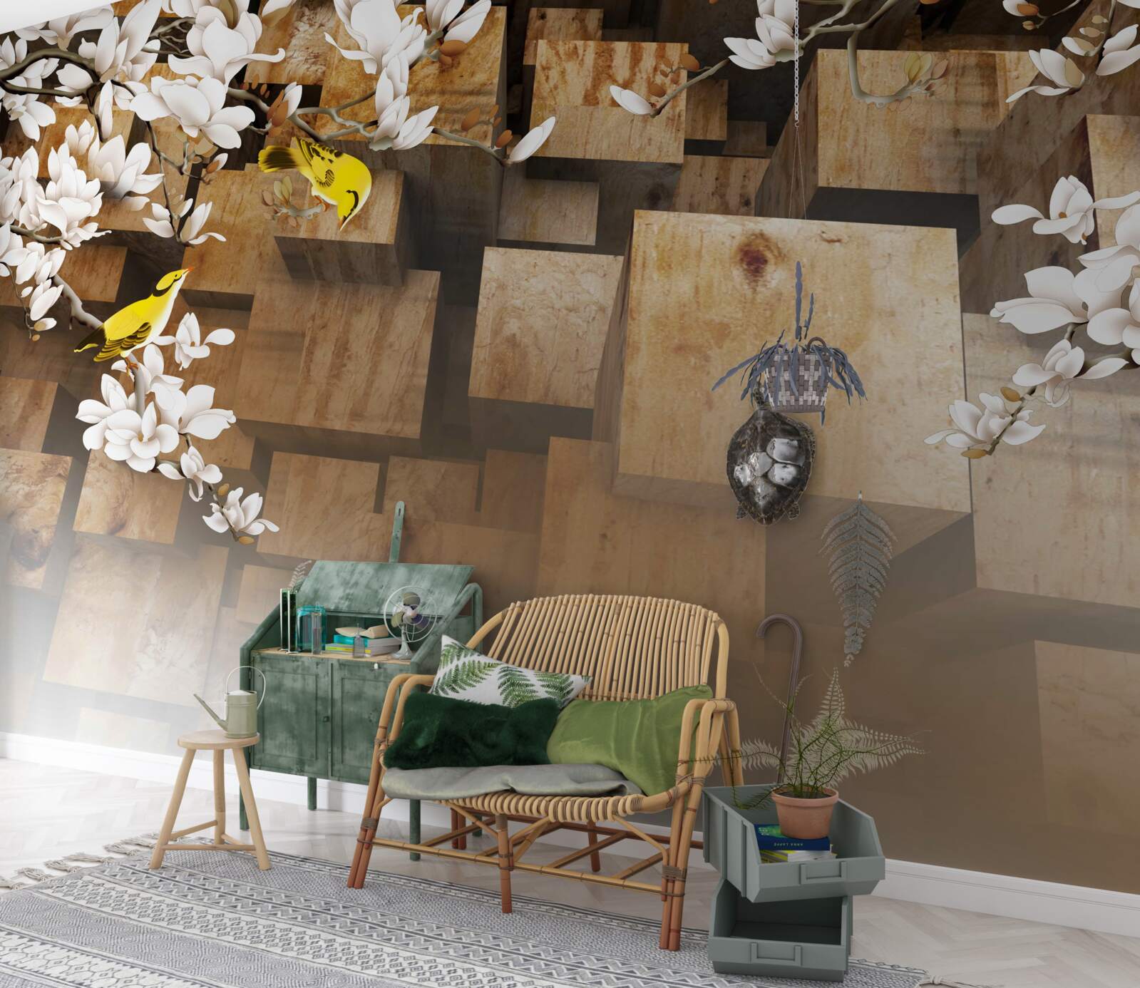 Papier peint cubes en bois flottants et fleurs blanches