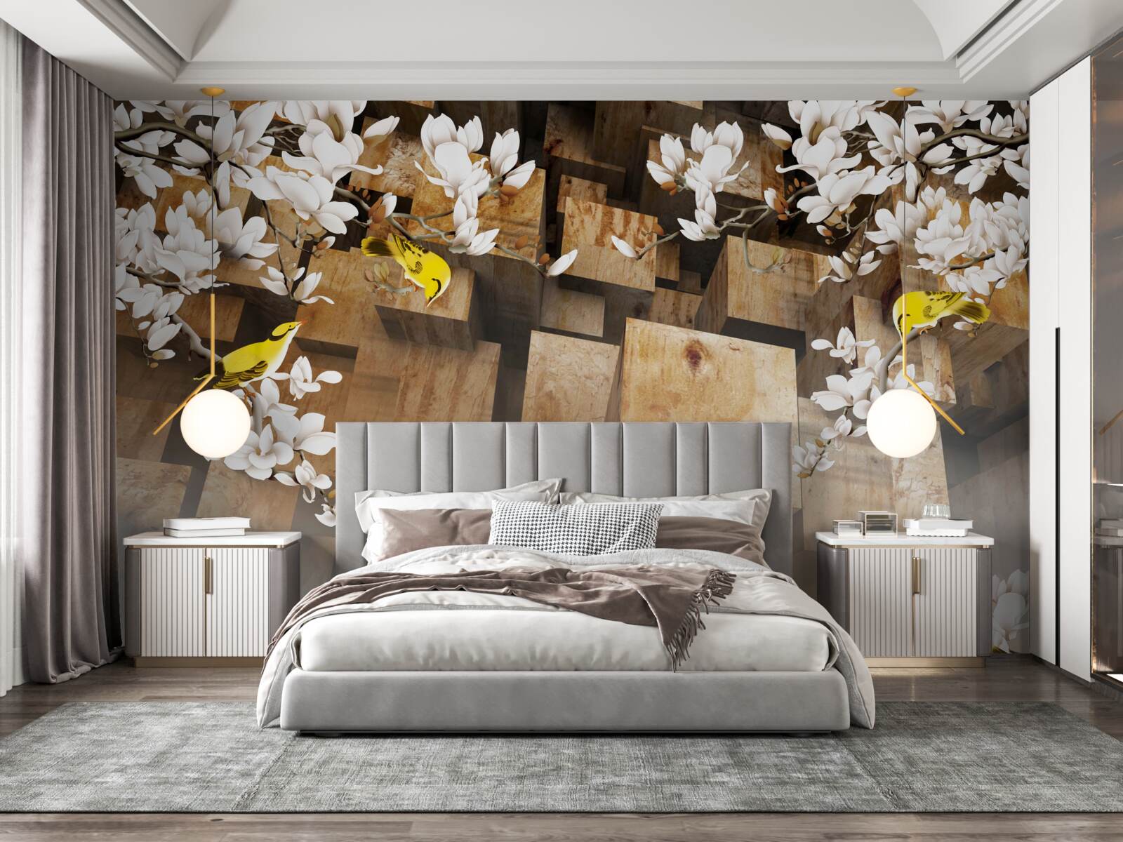 Papier peint cubes en bois flottants et fleurs blanches