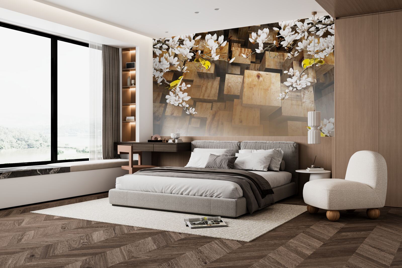 Papier peint cubes en bois flottants et fleurs blanches