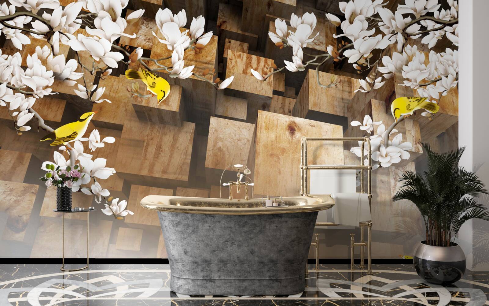 Papier peint cubes en bois flottants et fleurs blanches