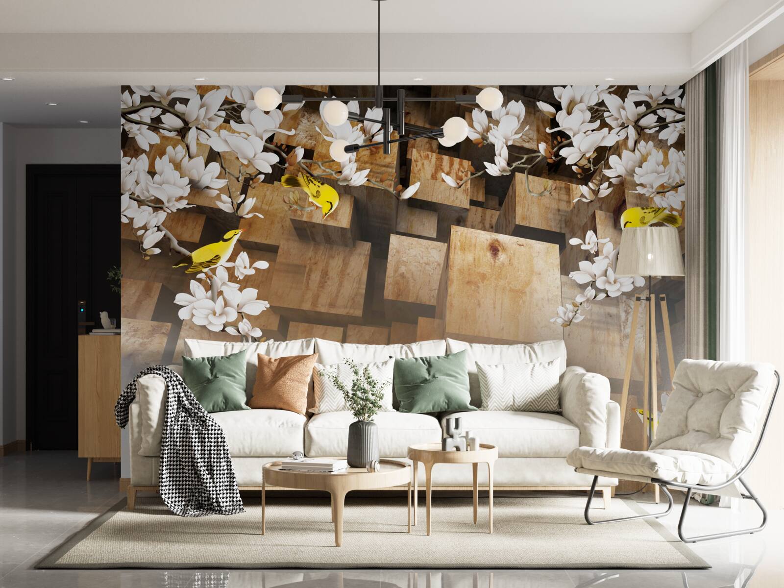 Papier peint cubes en bois flottants et fleurs blanches