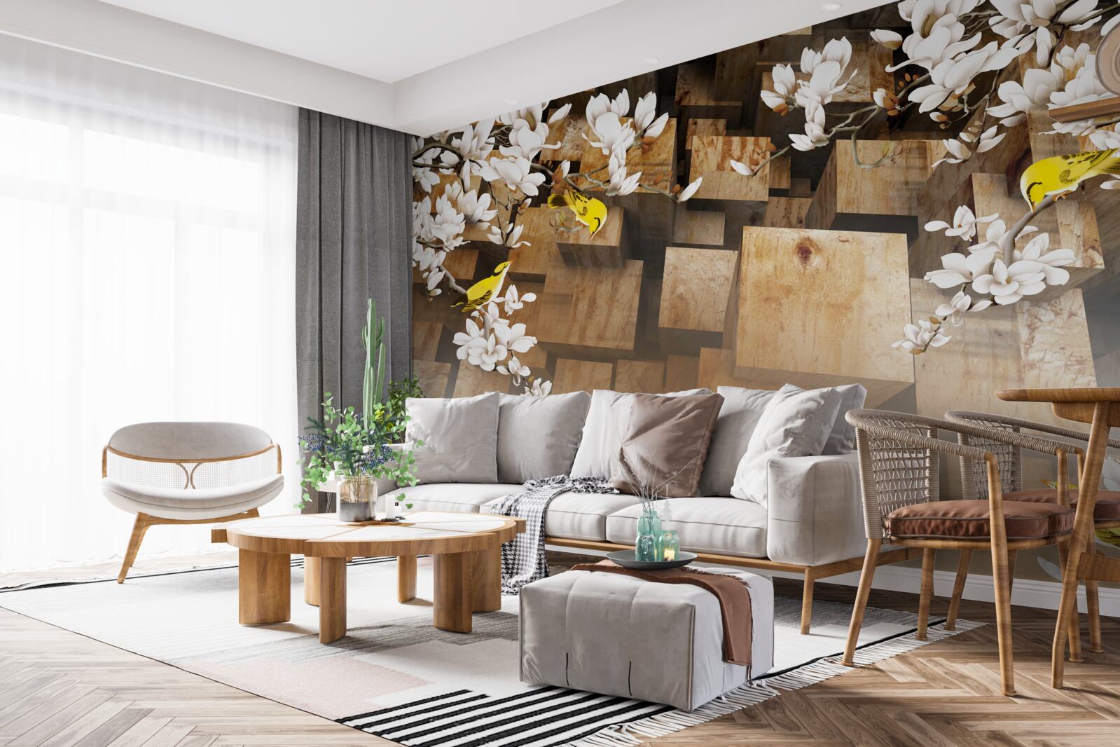 Papier peint cubes en bois flottants et fleurs blanches