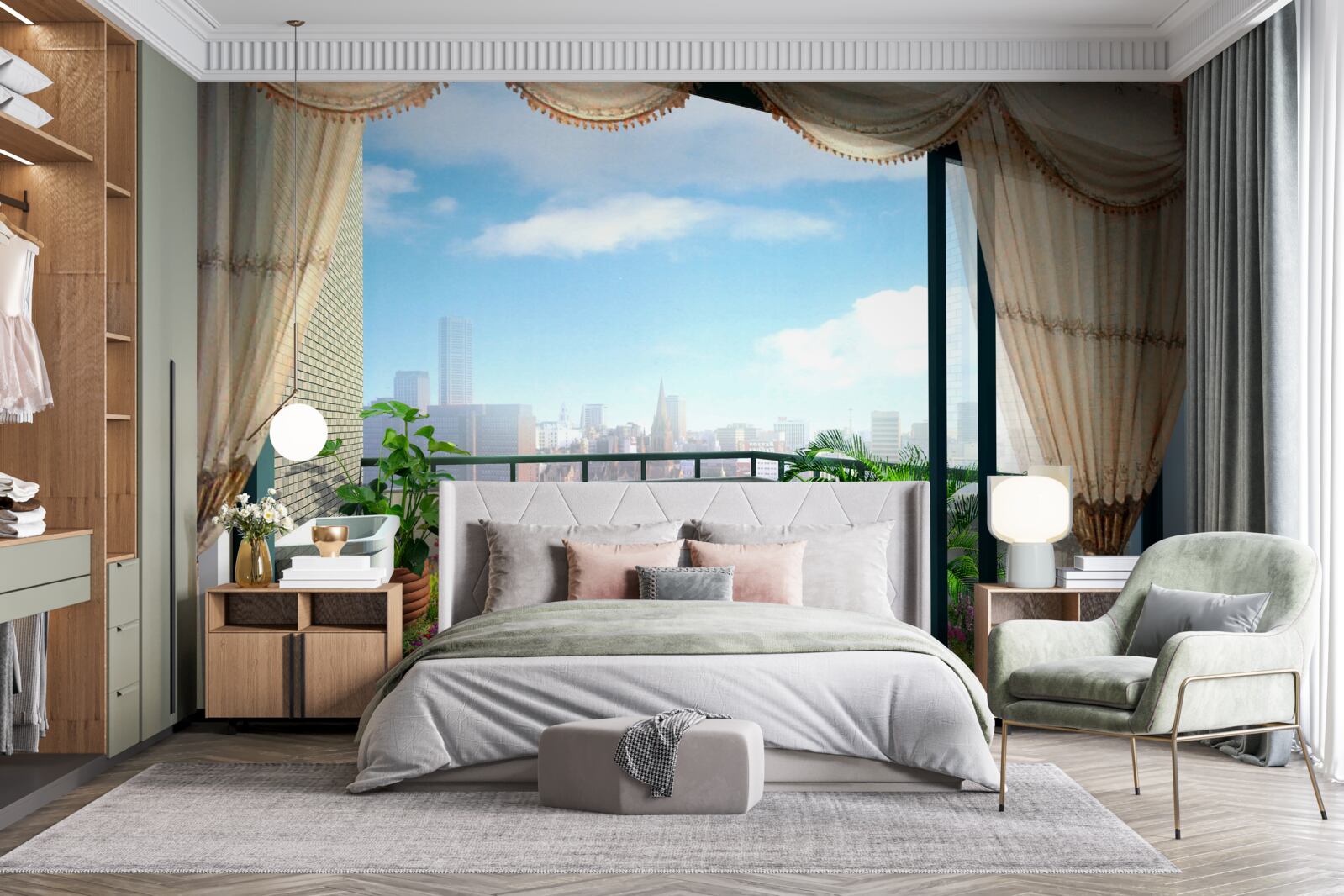 Papier peint loggia avec vue magnifique sur la ville d'été