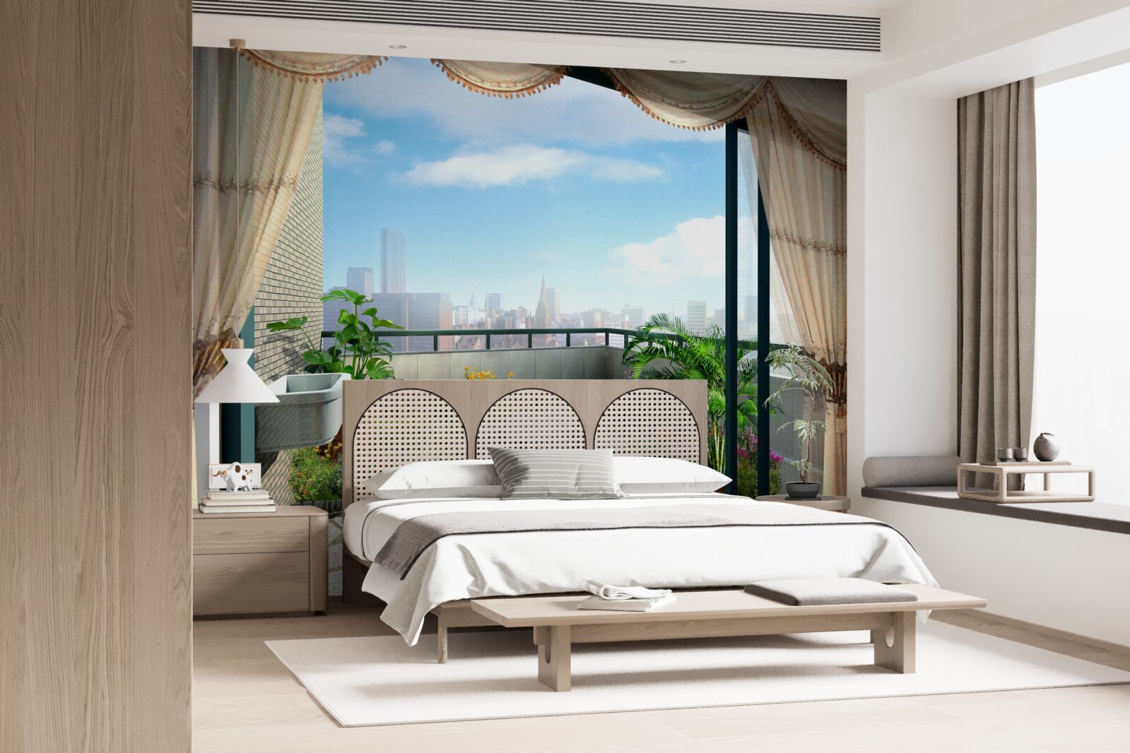 Papier peint loggia avec vue magnifique sur la ville d'été