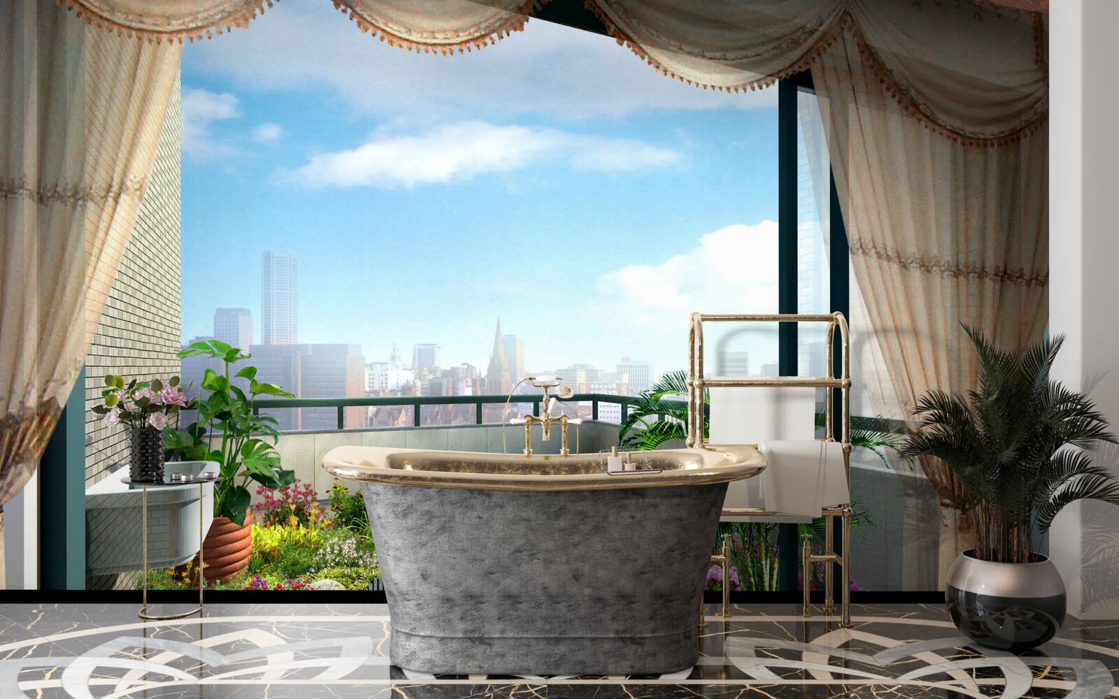 Papier peint loggia avec vue magnifique sur la ville d'été