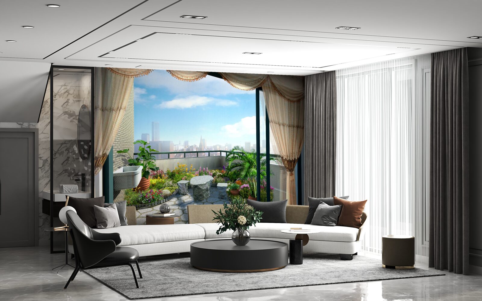 Papier peint loggia avec vue magnifique sur la ville d'été