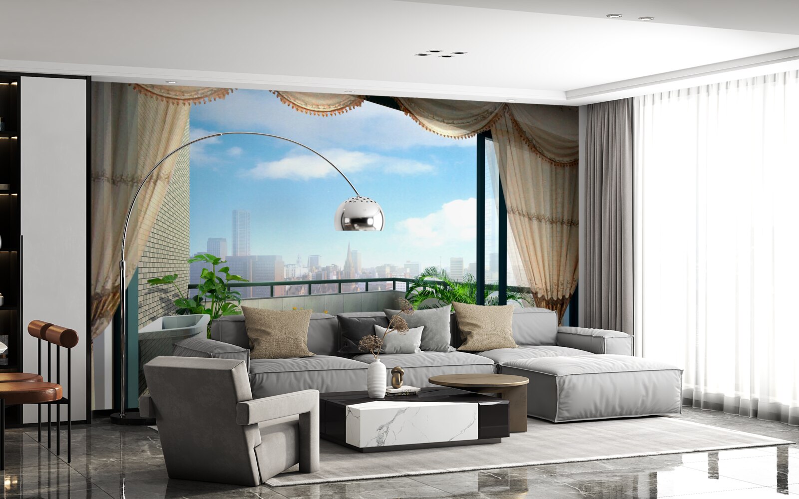 Papier peint loggia avec vue magnifique sur la ville d'été