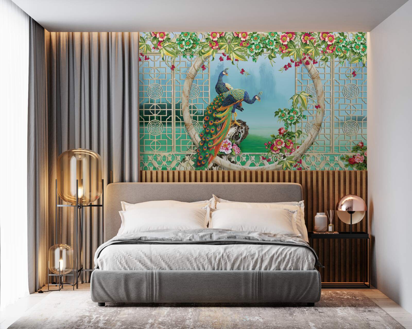 Papier peint magnifiques faisans sur un pont circulaire au-dessus de l'eau