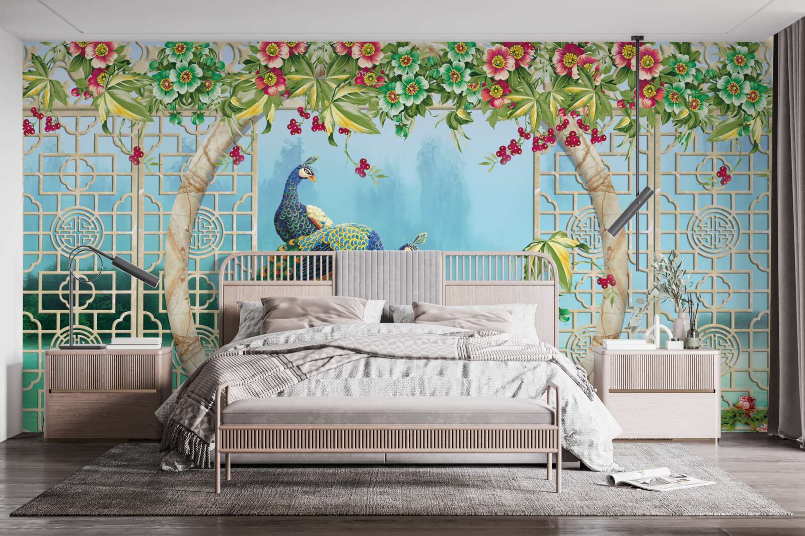 Papier peint magnifiques faisans sur un pont circulaire au-dessus de l'eau