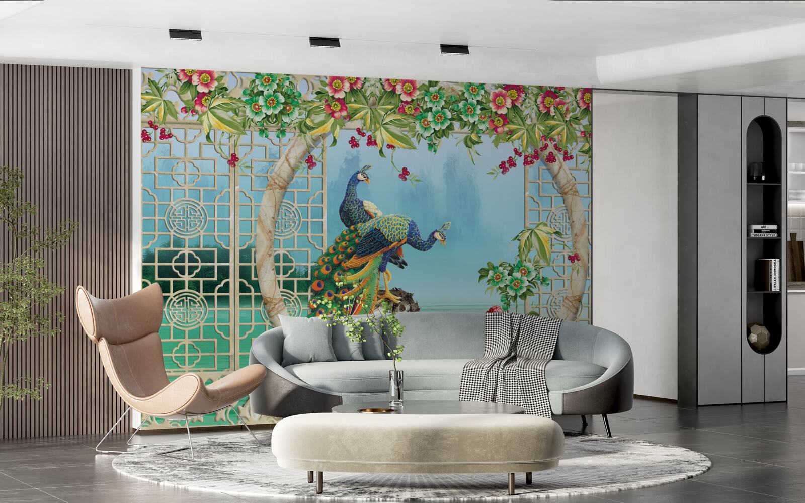 Papier peint magnifiques faisans sur un pont circulaire au-dessus de l'eau