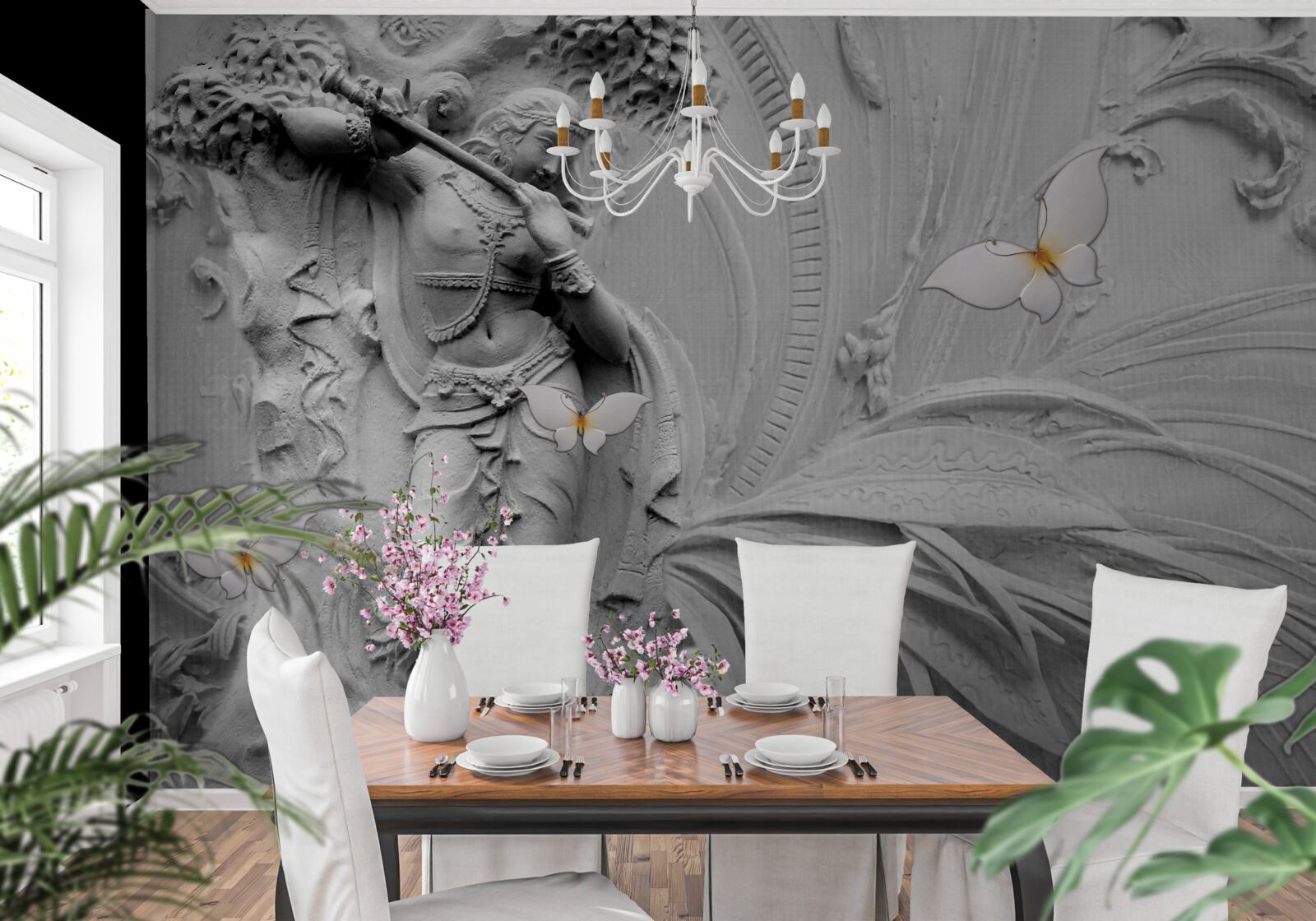 Papier peint bas-relief avec fleurs et papillons blancs