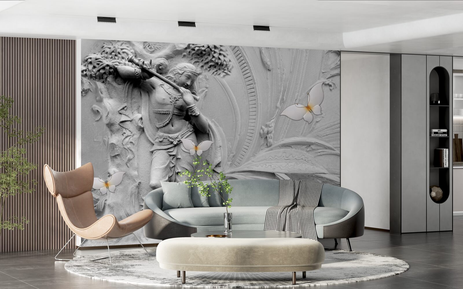 Papier peint bas-relief avec fleurs et papillons blancs