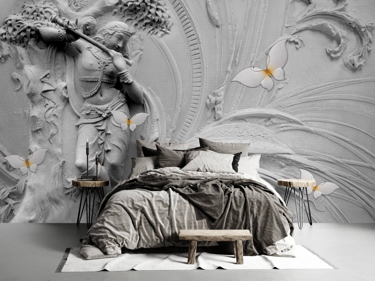 Papier peint bas-relief avec fleurs et papillons blancs