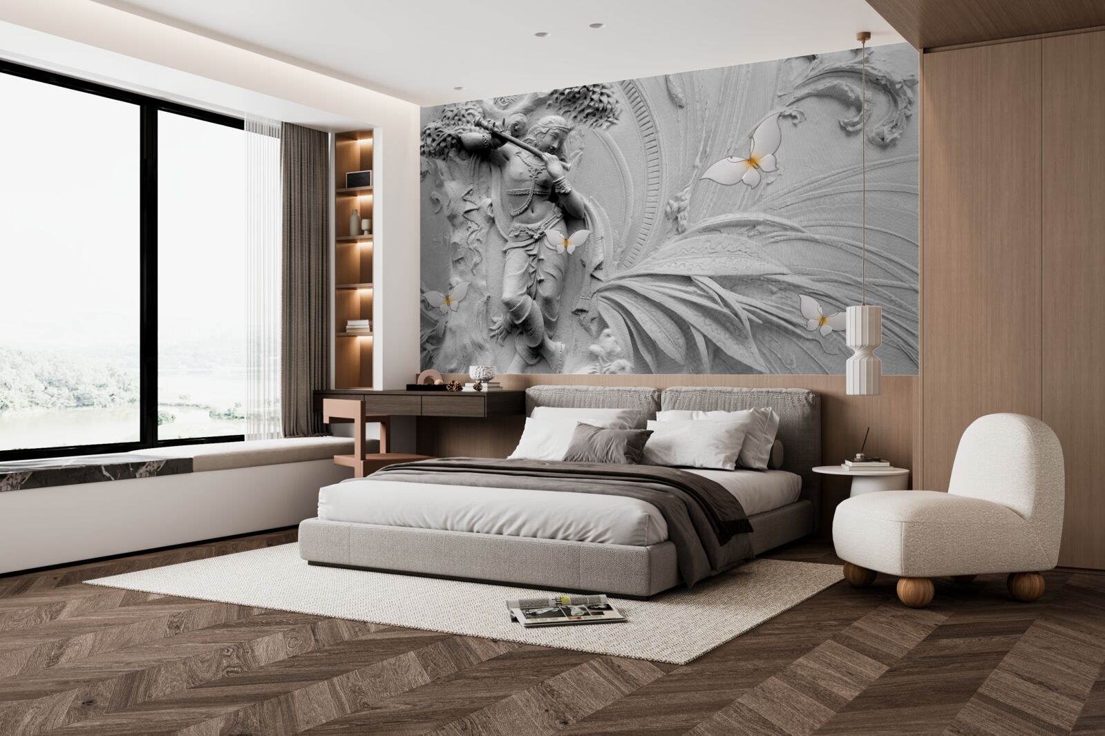 Papier peint bas-relief avec fleurs et papillons blancs