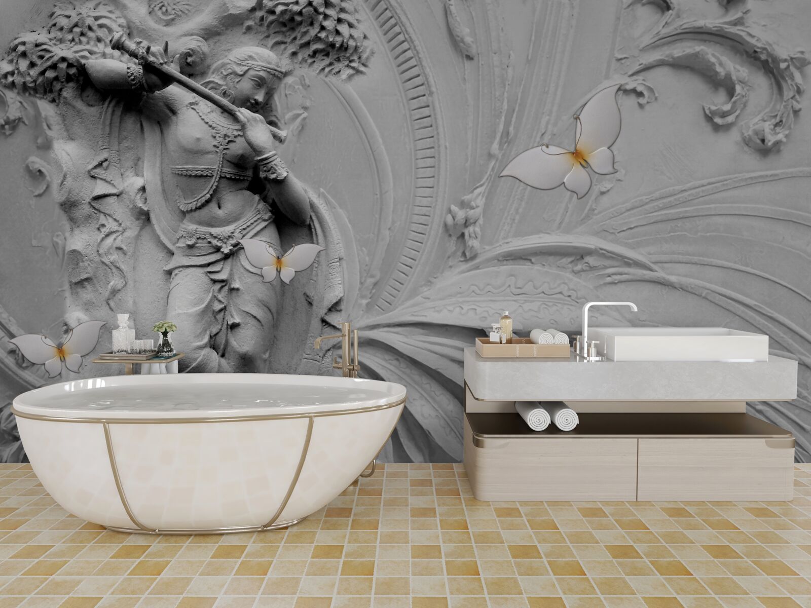 Papier peint bas-relief avec fleurs et papillons blancs