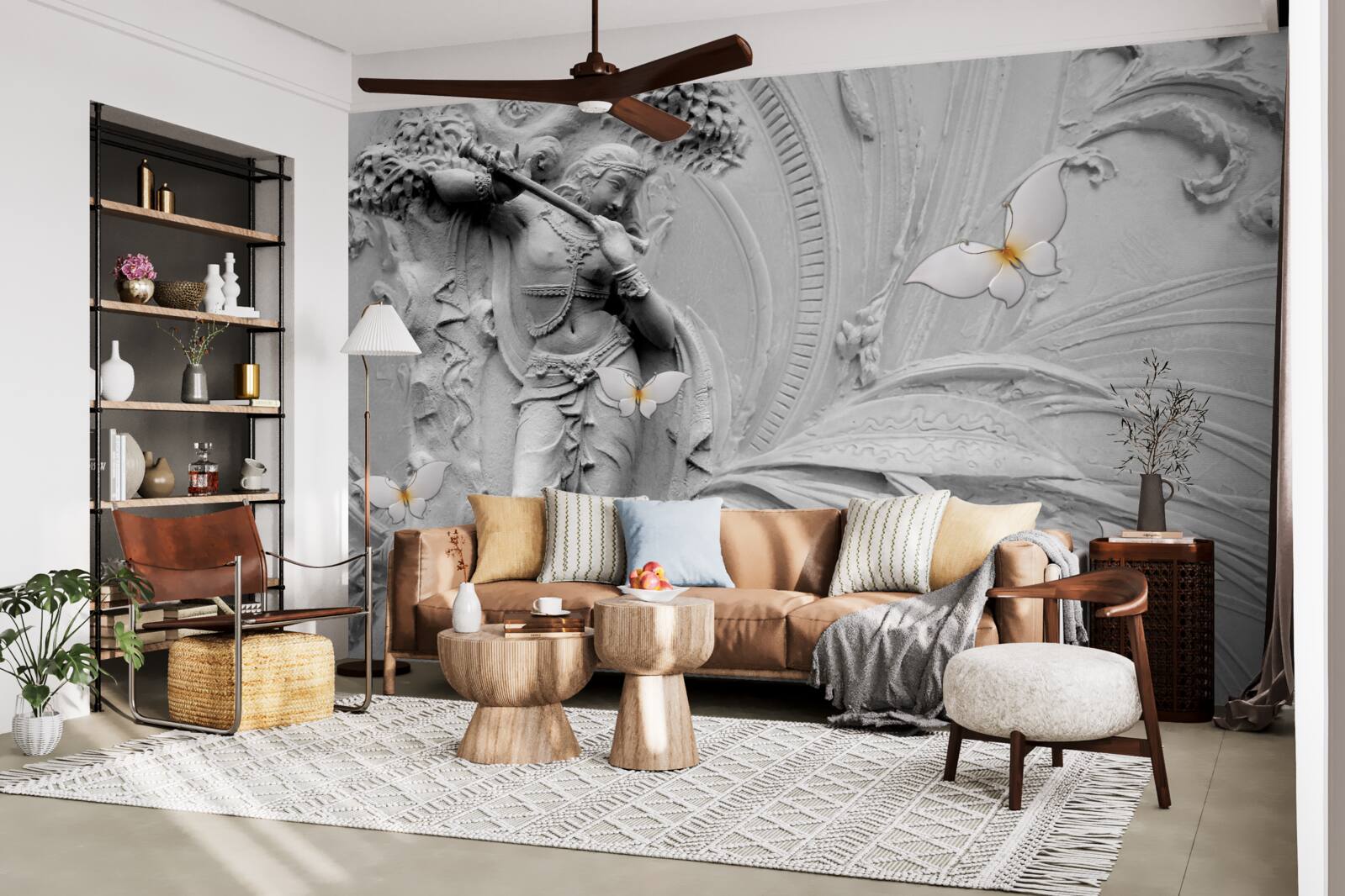 Papier peint bas-relief avec fleurs et papillons blancs