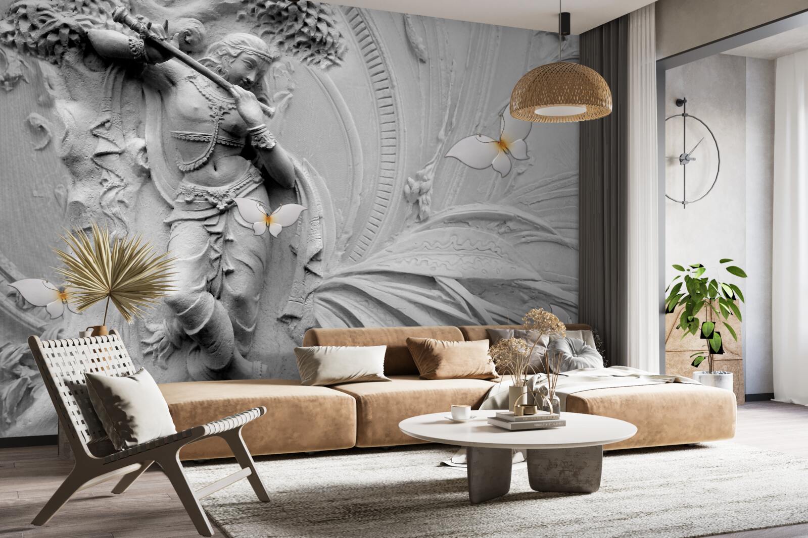 Papier peint bas-relief avec fleurs et papillons blancs