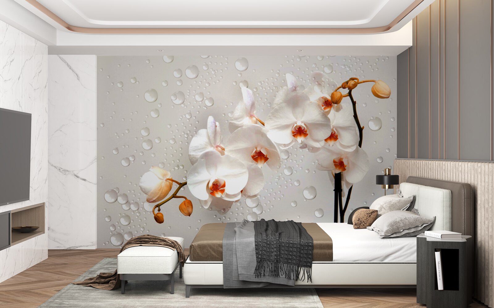 Papier peint de grosses gouttes de pluie recouvrent des fleurs de lotus blanches