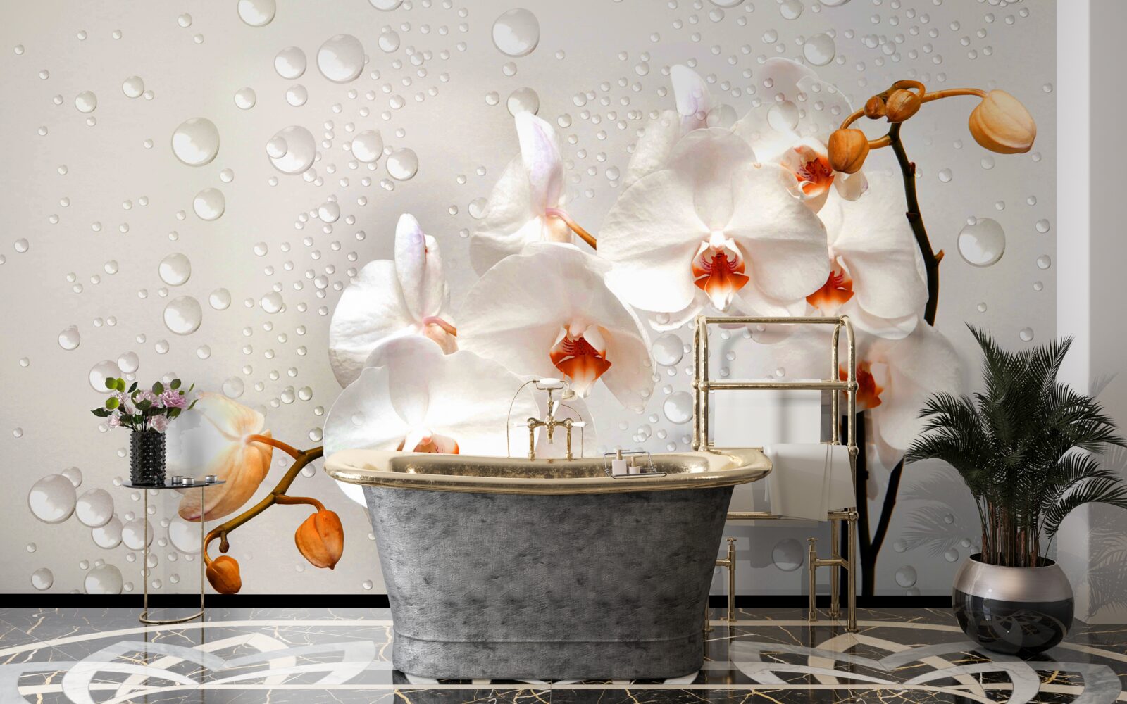 Papier peint de grosses gouttes de pluie recouvrent des fleurs de lotus blanches