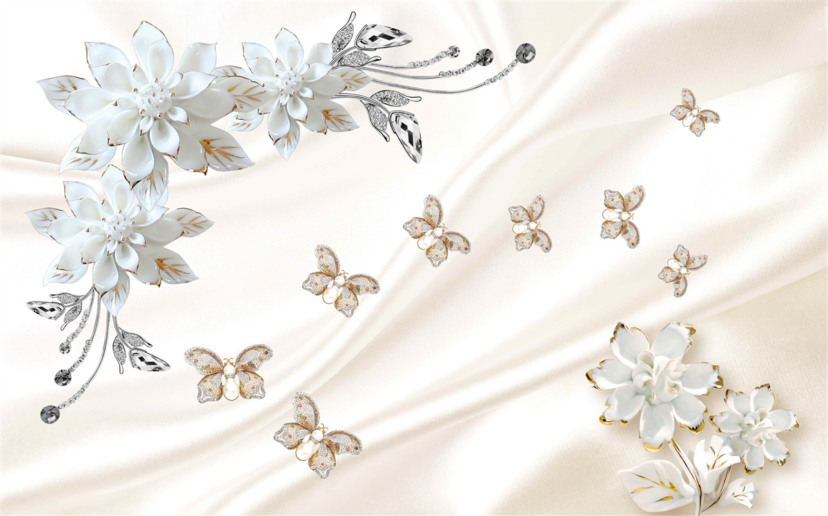 Papier peint des papillons en soie volent au-dessus des fleurs