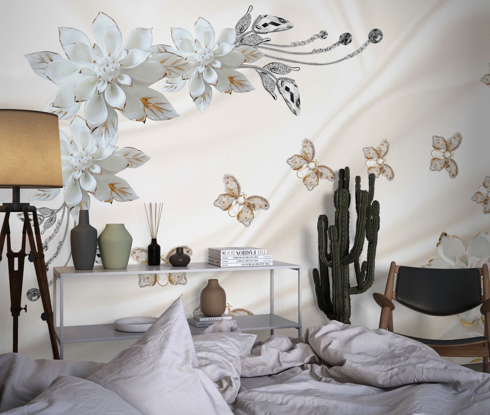 Papier peint des papillons en soie volent au-dessus des fleurs