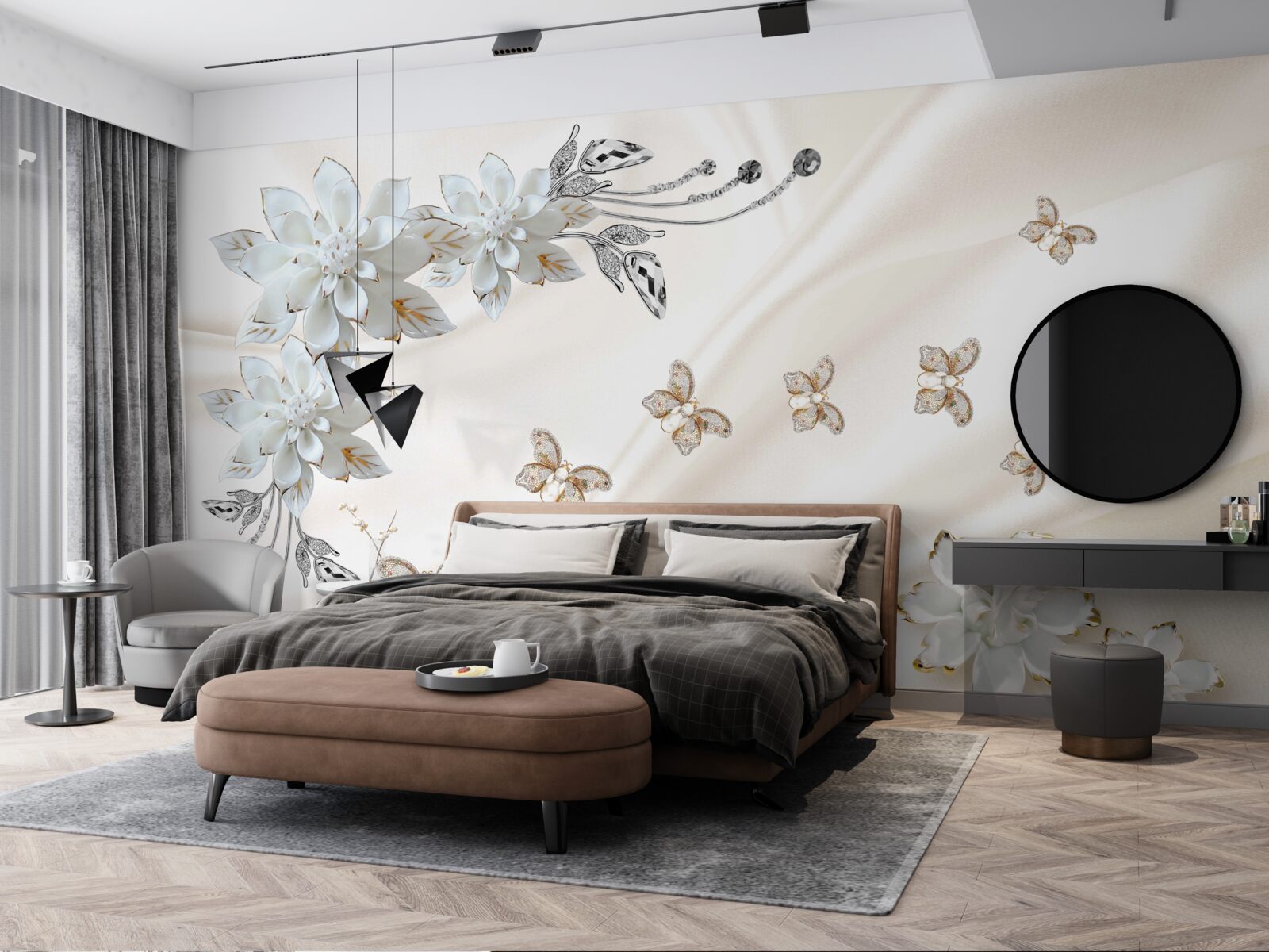 Papier peint des papillons en soie volent au-dessus des fleurs