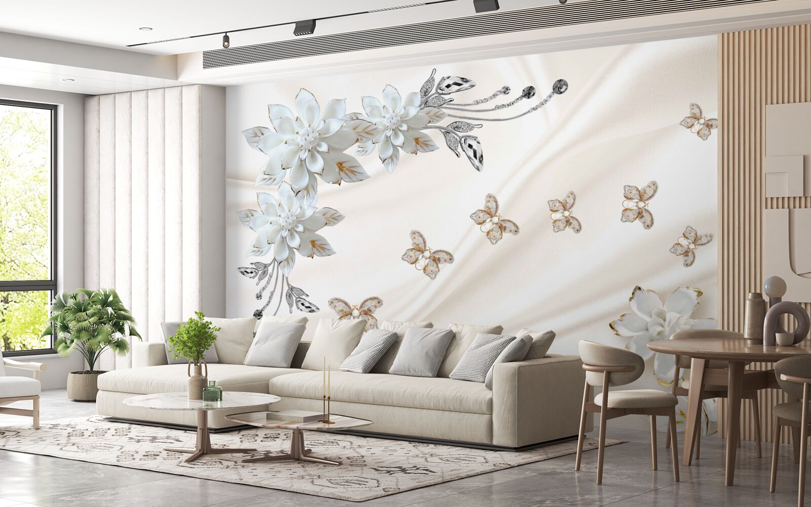 Papier peint des papillons en soie volent au-dessus des fleurs