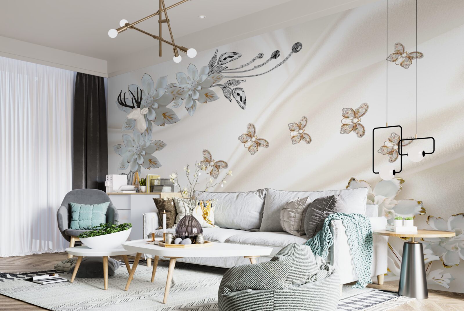 Papier peint des papillons en soie volent au-dessus des fleurs