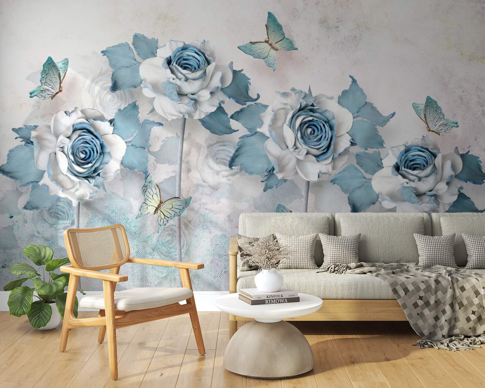 Papier peint roses gracieuses en textiles et bijoux avec des papillons de nuit