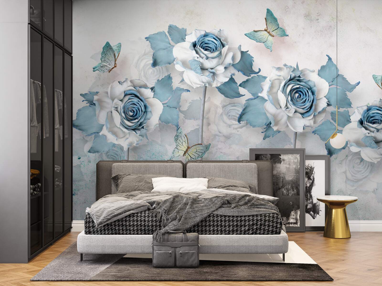 Papier peint roses gracieuses en textiles et bijoux avec des papillons de nuit