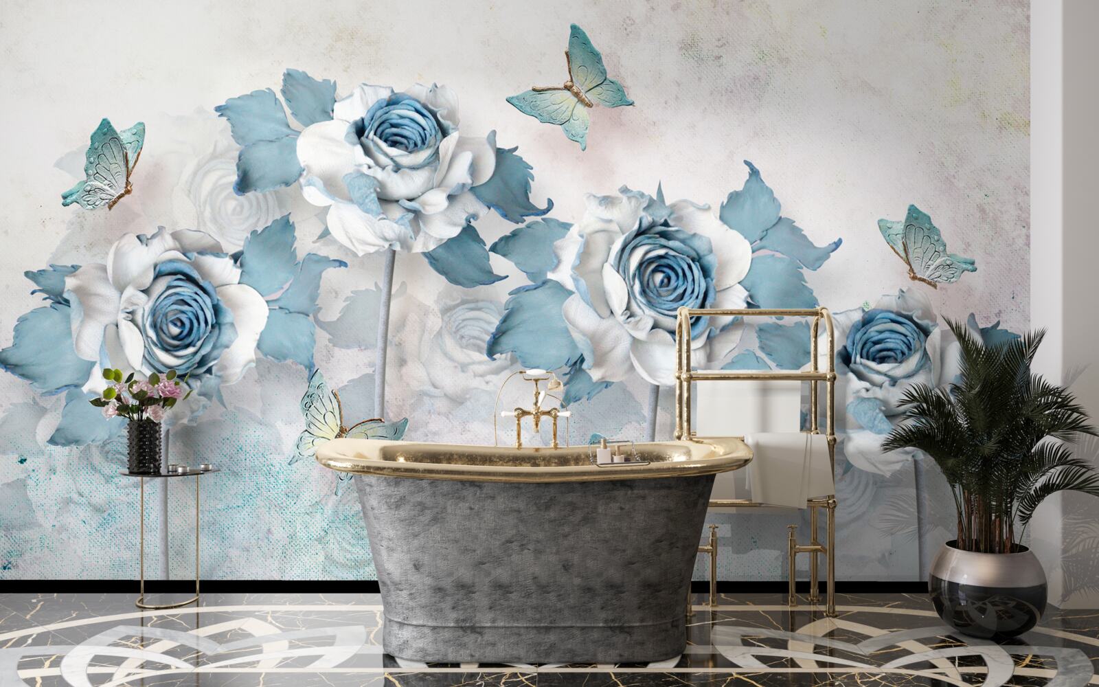 Papier peint roses gracieuses en textiles et bijoux avec des papillons de nuit