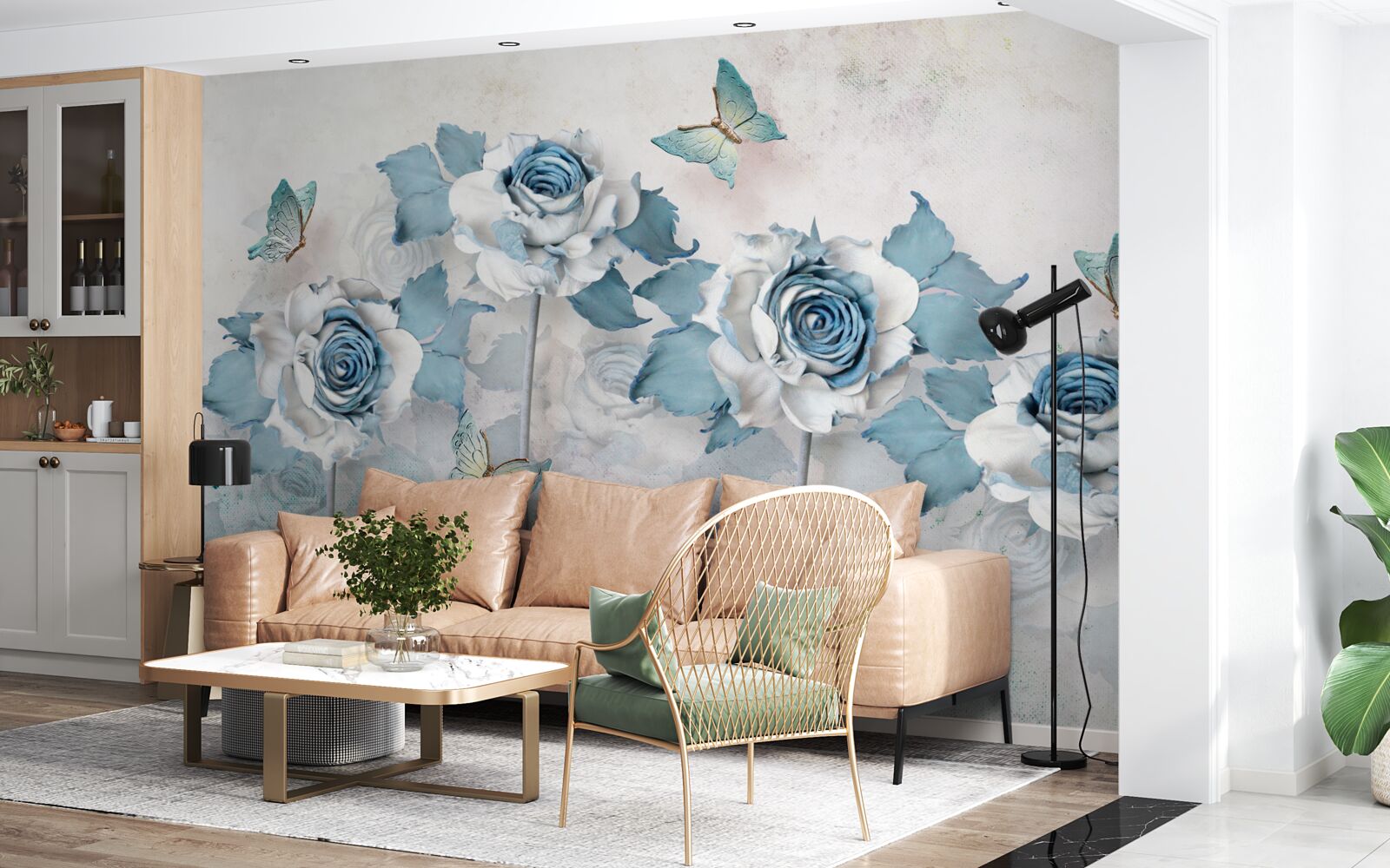 Papier peint roses gracieuses en textiles et bijoux avec des papillons de nuit