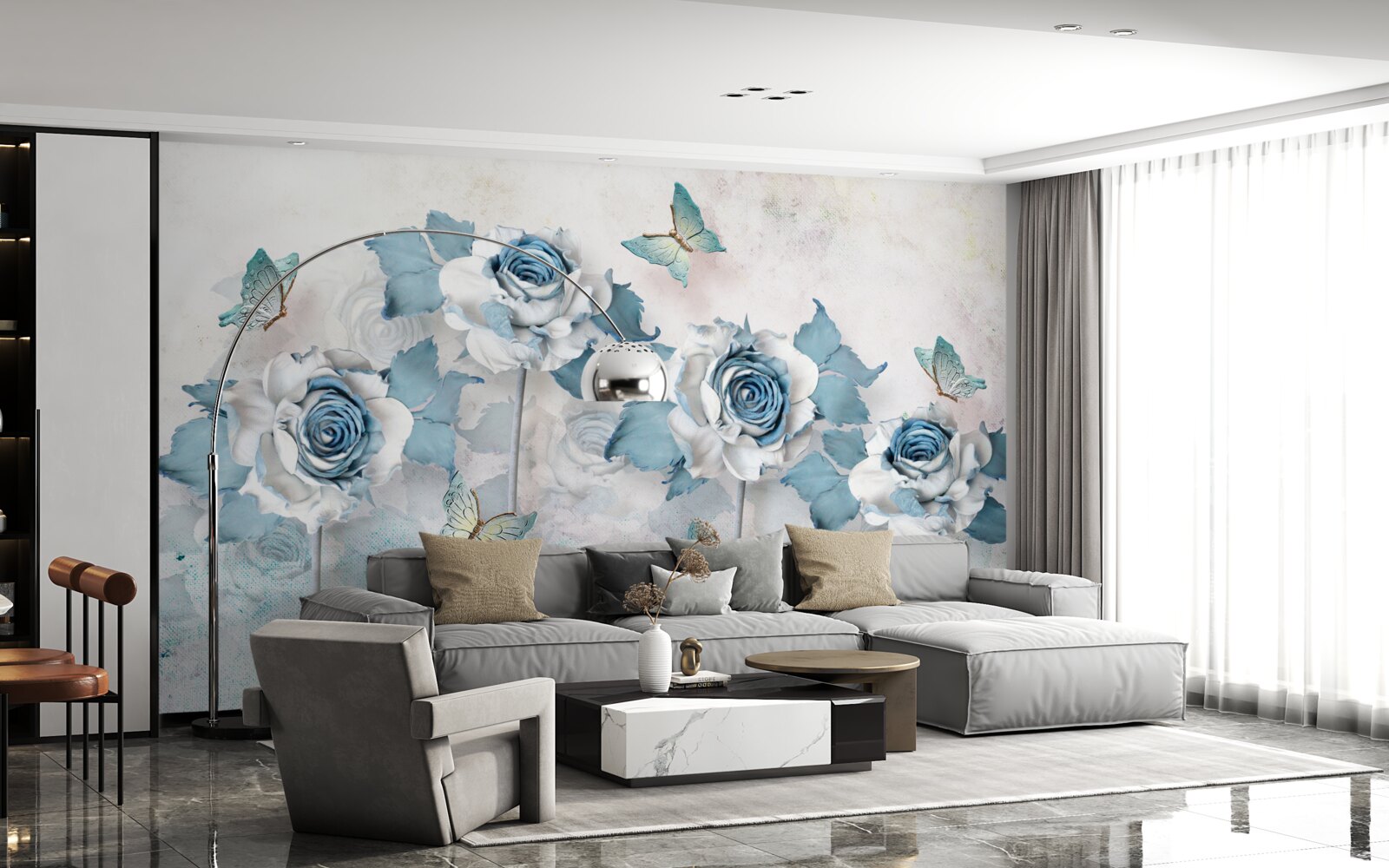 Papier peint roses gracieuses en textiles et bijoux avec des papillons de nuit