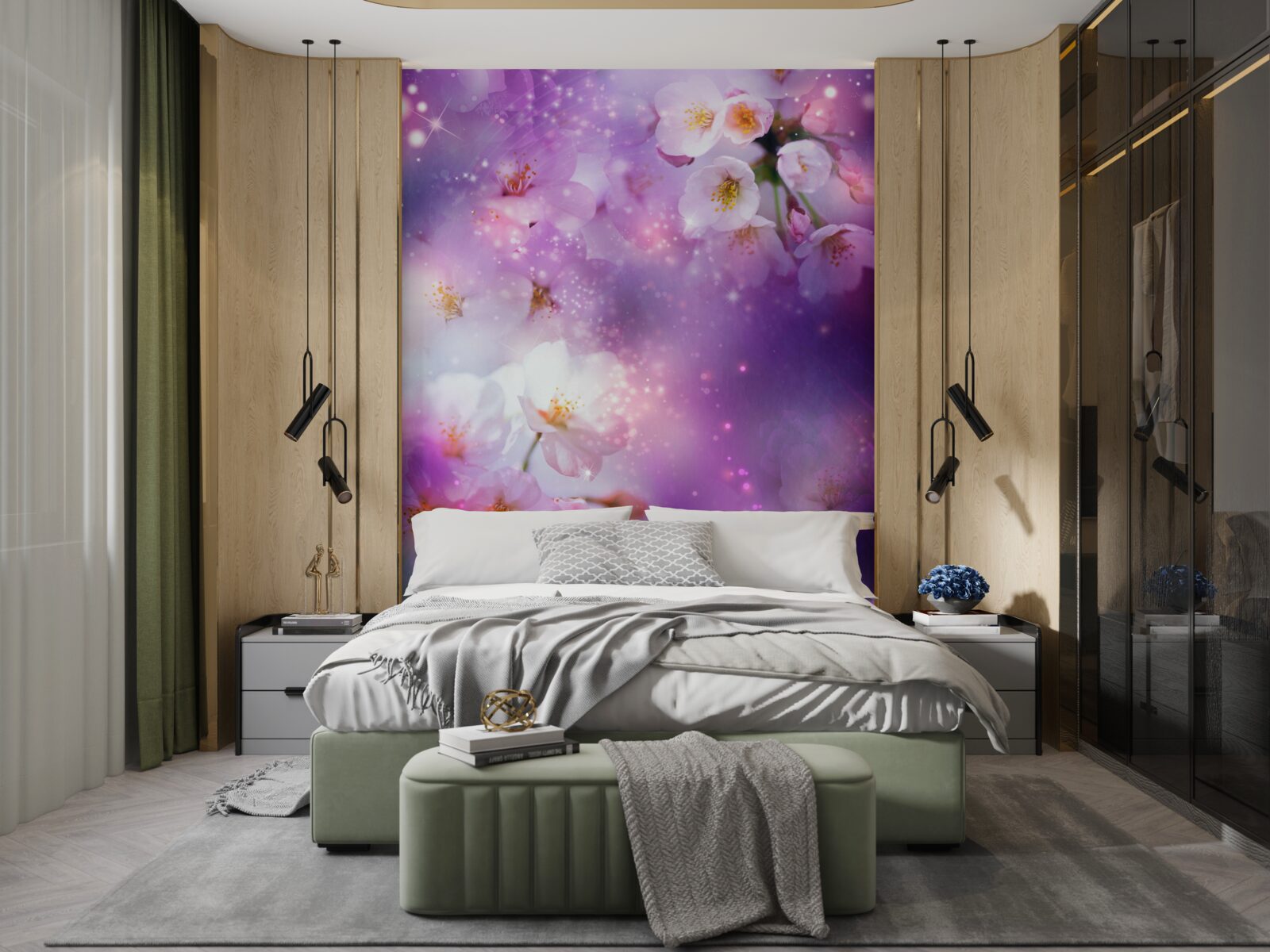 Papier peint fleurs lumineuses sur fond lilas