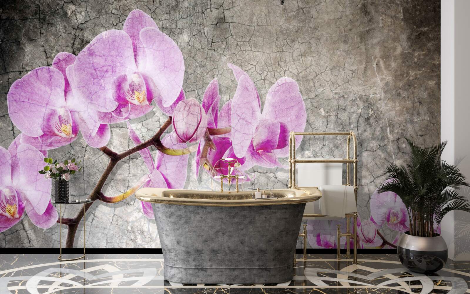 Papier peint branches d'orchidées lilas sur fond gris