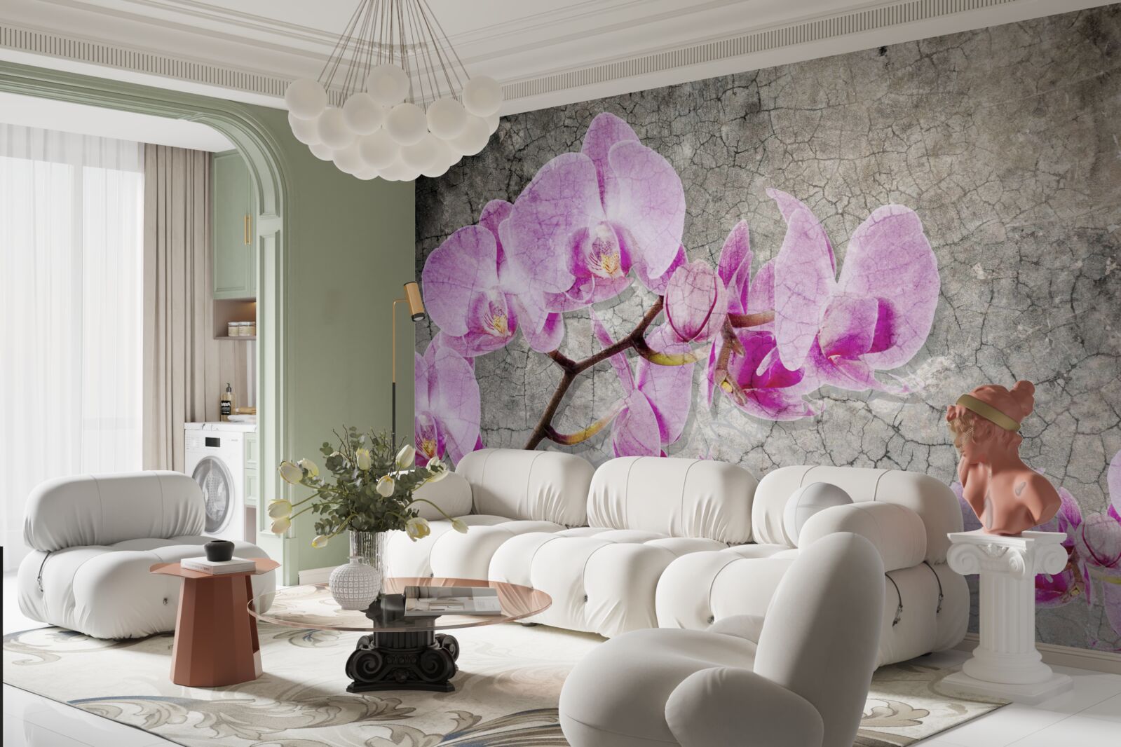 Papier peint branches d'orchidées lilas sur fond gris