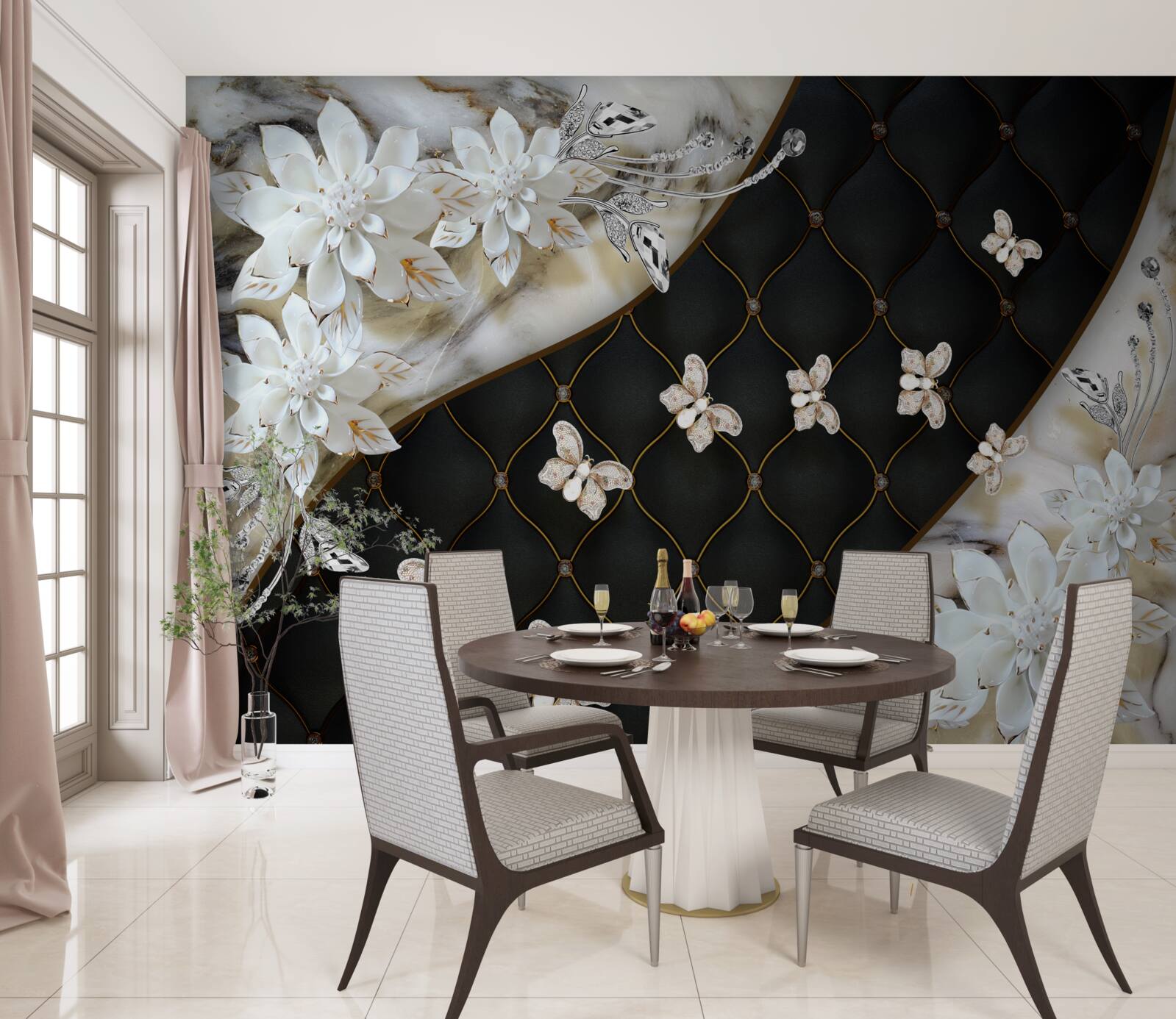 Papier peint des papillons légers descendent sur les fleurs