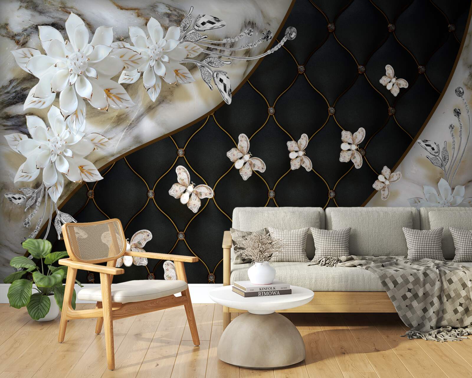 Papier peint des papillons légers descendent sur les fleurs