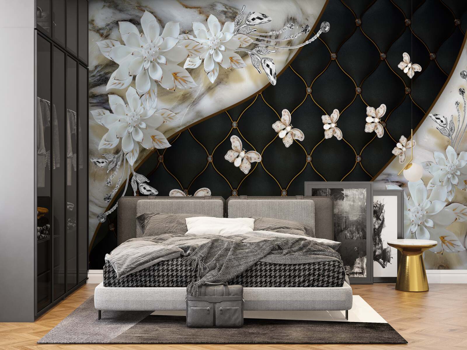 Papier peint des papillons légers descendent sur les fleurs