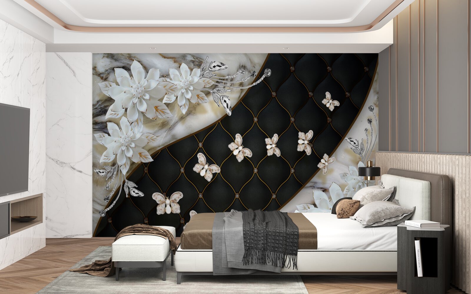 Papier peint des papillons légers descendent sur les fleurs