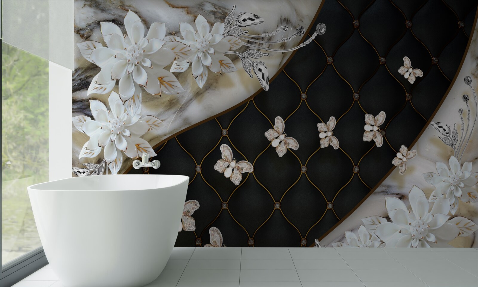 Papier peint des papillons légers descendent sur les fleurs