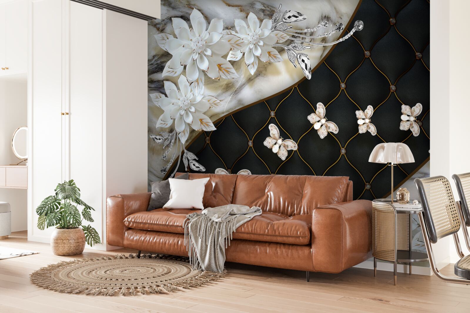 Papier peint des papillons légers descendent sur les fleurs