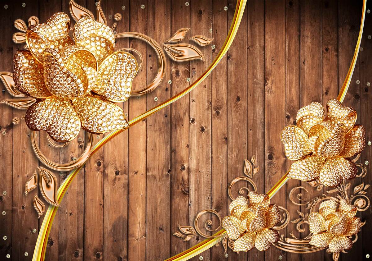 Papier peint fleurs et branches dorées sur un arbre