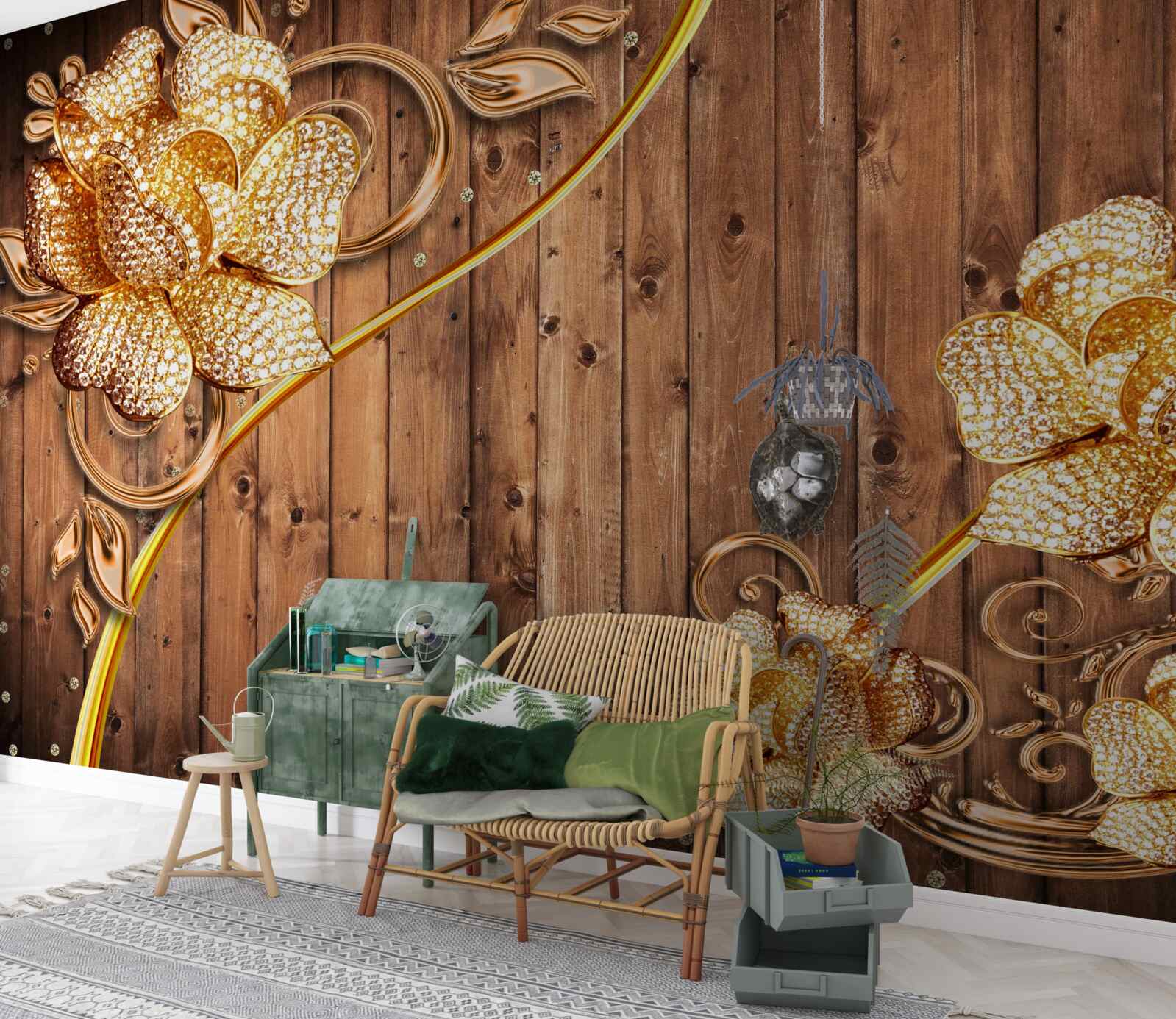 Papier peint fleurs et branches dorées sur un arbre