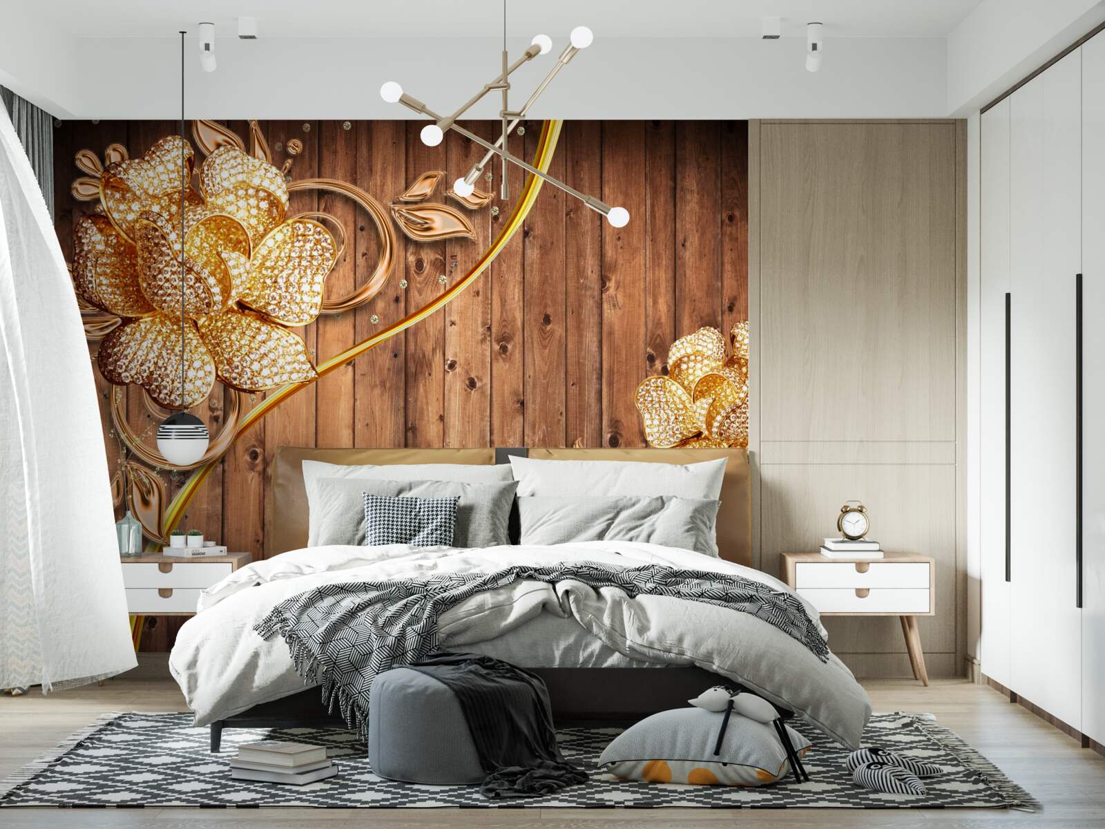 Papier peint fleurs et branches dorées sur un arbre