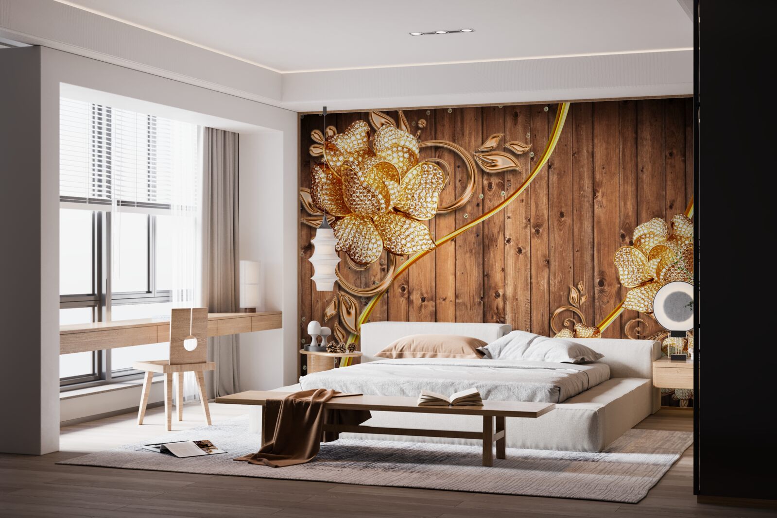 Papier peint fleurs et branches dorées sur un arbre