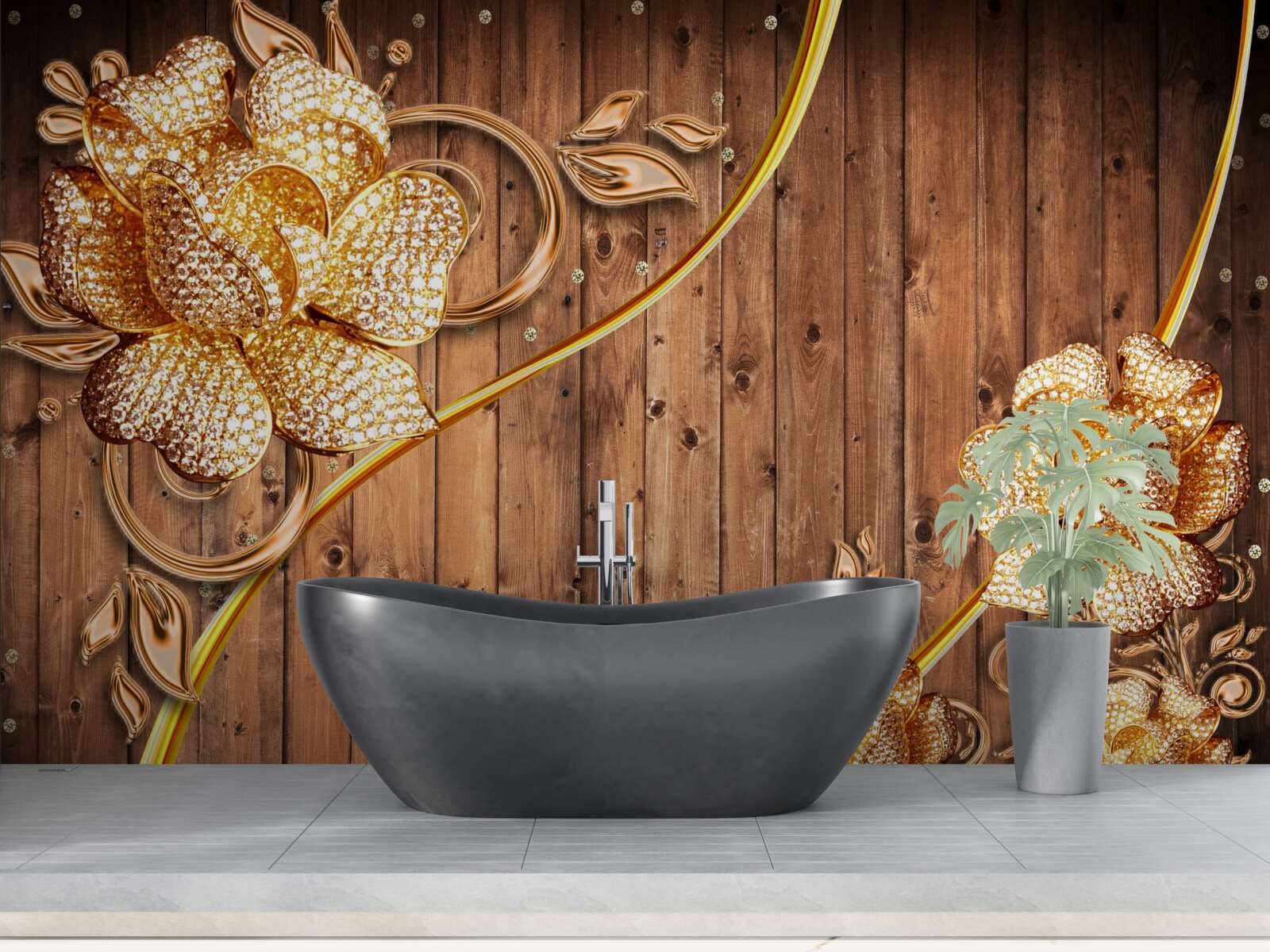 Papier peint fleurs et branches dorées sur un arbre