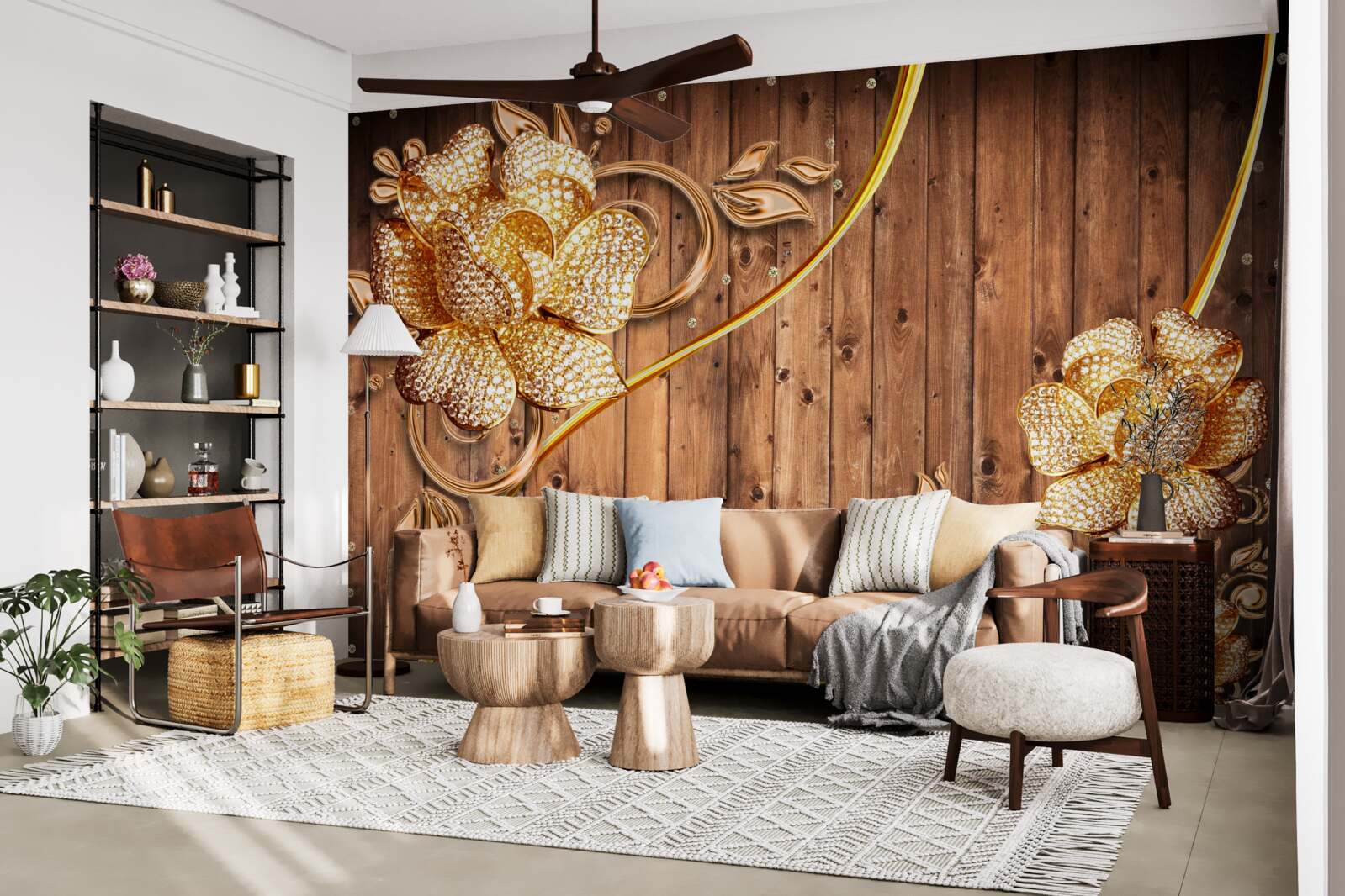 Papier peint fleurs et branches dorées sur un arbre